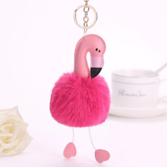 Pink Flamingo Faux Fur Pom Pom Keychain/Bag Charm NWT - Picture 1 of 2